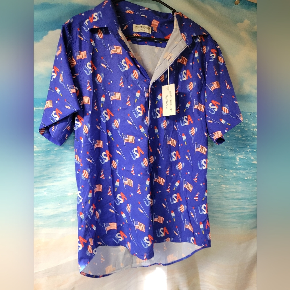 Envmenst NWT Mens Size Medium‎ Americana USA Flags Fireworks button down shirt